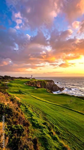 A serene coastal golf course at sunset with vibrant sky