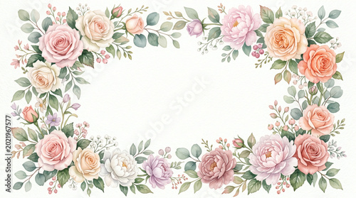 Watercolor Floral Frame Background with Elegant Pastel Roses and Peonies