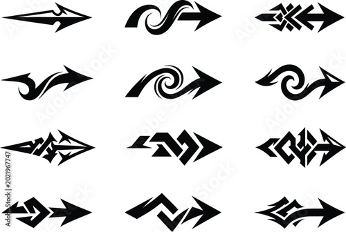 Tribal Tattoo Style Arrow Set Silhouette and Vector Illustration