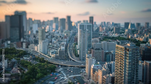 Aerial View of a Bustling Metropolis Skyline at Dusk with Highways and Buildings