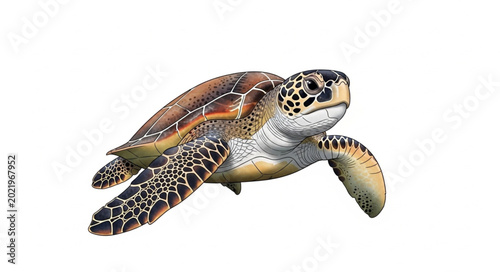 Bilde på lerret Green Sea Turtle Swimming Isolated on White Background.
