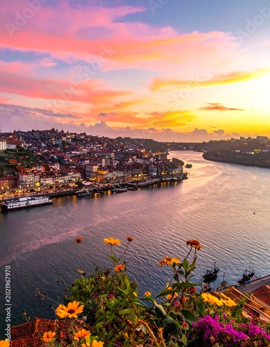 A serene coastal town basks in warm sunset hues