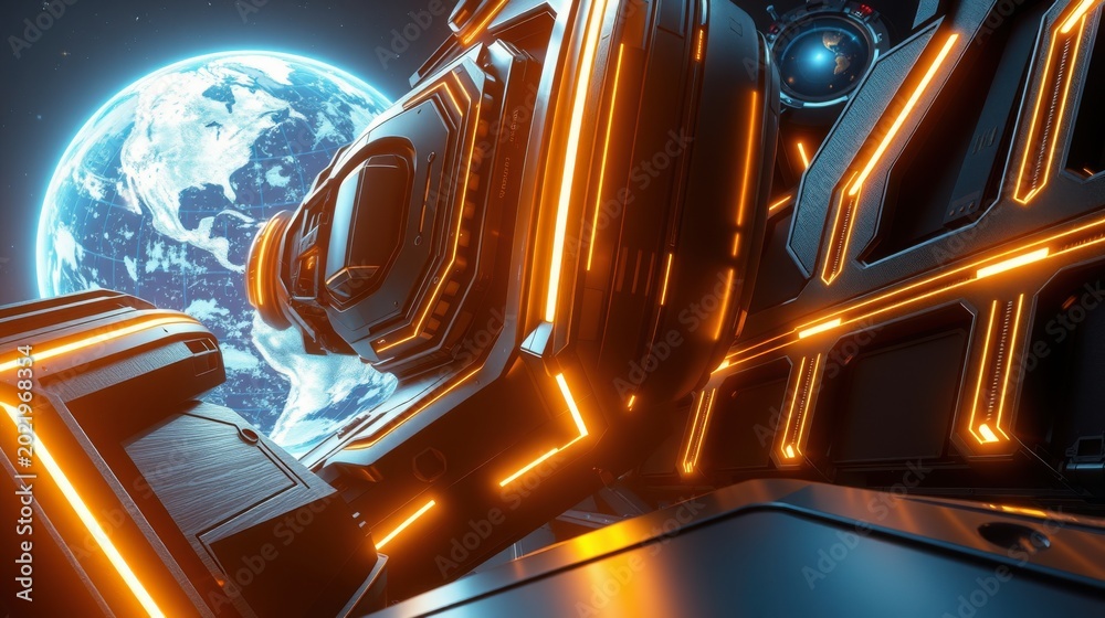 Fototapeta premium Futuristic spaceship interior. Bright orange lights illuminate dark metallic walls. Earth visible through window. Dramatic space scene.