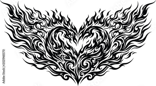 Obraz na plátně Intricate heavy metal tribal tattoo pattern black ink blazing heart fire wings e