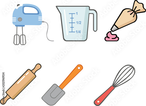 Baking tools and kitchen elements including hand mixer, whisk, rolling pin, measuring cup, piping bag, and spatula. Design perfect for baking and cooking concept.