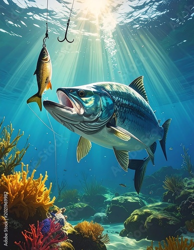 A large fish approaches a lure near underwater foliage