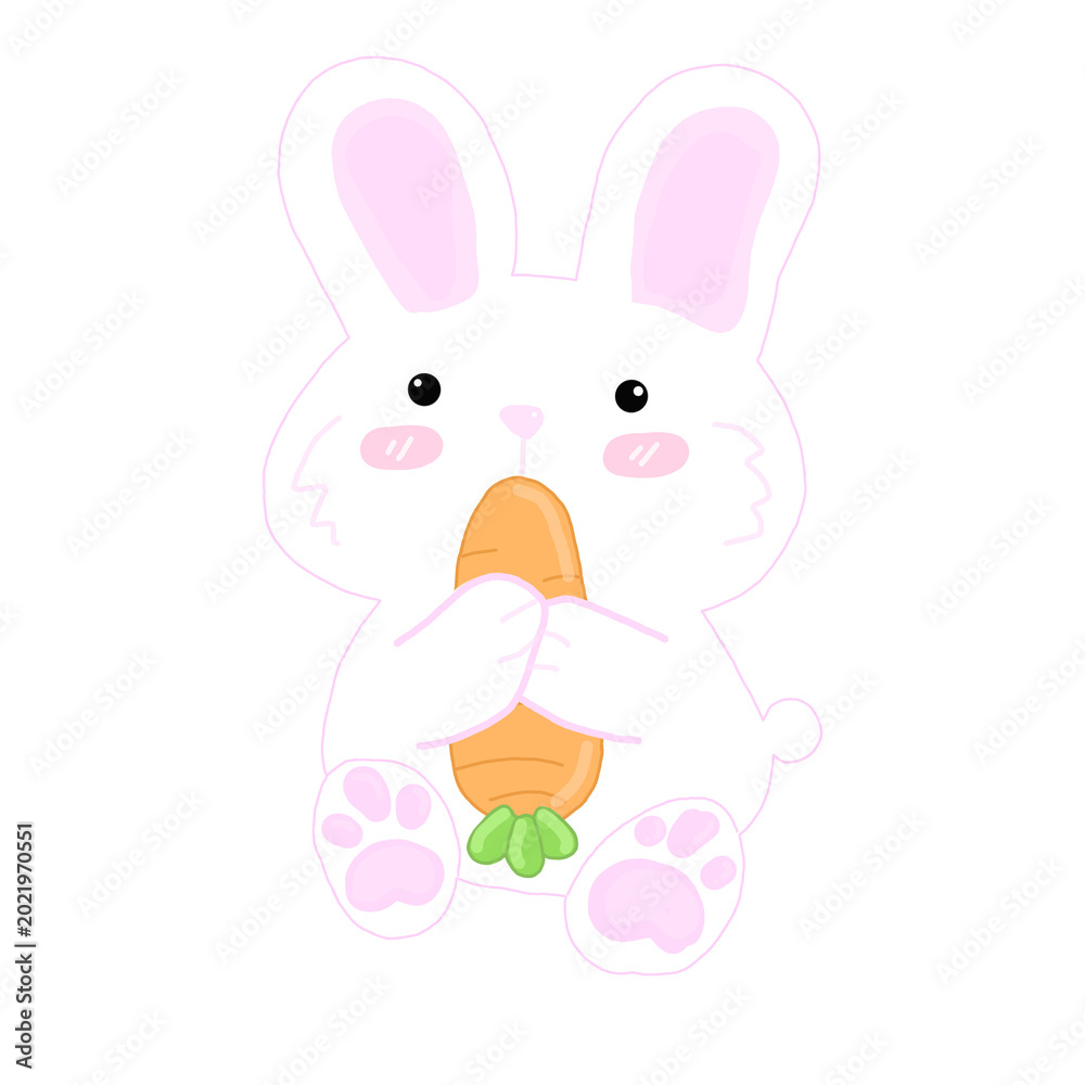 Obraz premium Cute White Bunny Rabbit Holding Carrot Cartoon Isolated on Transparent Background