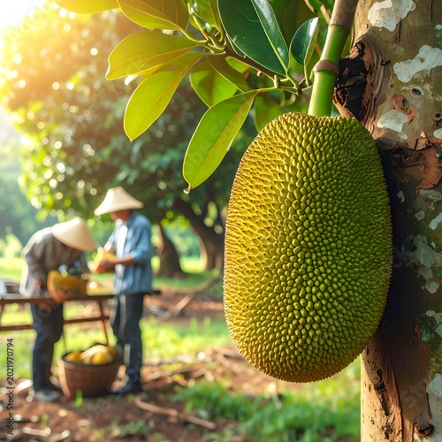 A large green fruit hangs from a tree, people working