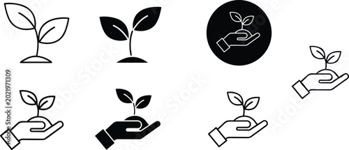 Fotografija Plant Growth and Sustainability Icon Set Featuring Hand-Held Seedling, Sprout, a