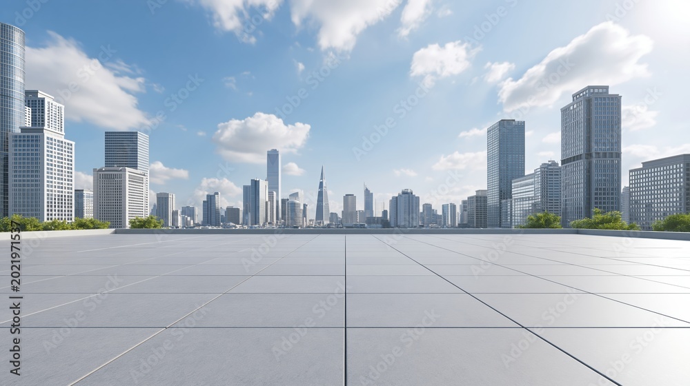 Fototapeta premium Expansive modern cityscape viewed from a clean, tiled rooftop terrace under a bright, cloudy sky