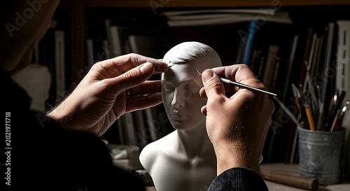 Artist Hands Carving White Plaster Bust With Sculpting Tools In Workshop