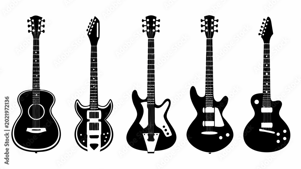 Fototapeta premium black and white guitars. acoustic and electric guitar outline musical instruments vector isolated set
