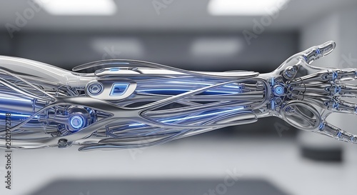 Futuristic Bionic Arm With Glowing Blue Light Details In A Modern Technology Setting