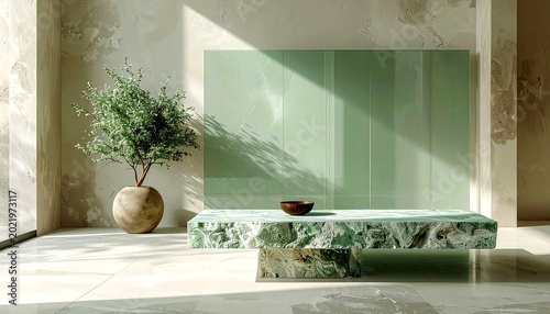 A refined composition of sage green translucent panels and matte travertine stone under soft ambient daylight