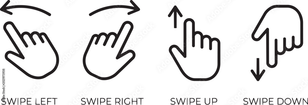 Fototapeta premium Minimal Hand Direction Icons Set Swipe Left Right Up Down Gesture Instruction Symbol Collection Vector gesture icons set, hand direction icons, swipe direction symbols, arrow hand icons, minimal hand 
