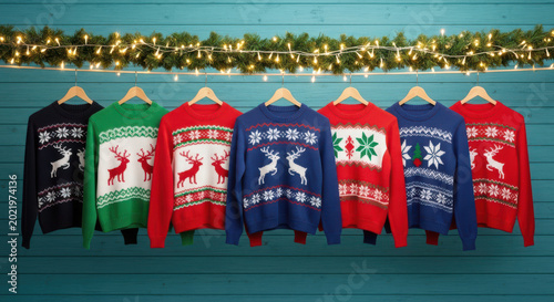 Collection of colorful christmas sweaters with reindeer designs