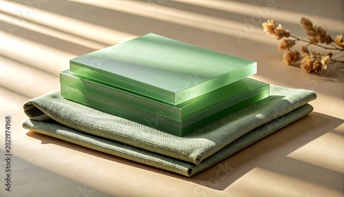 Smooth sage green acrylic sheets layered with textured linen fabric