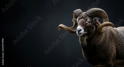 Majestic Bighorn Sheep With Large Curled Horns Stands Against A Dark Textured Background