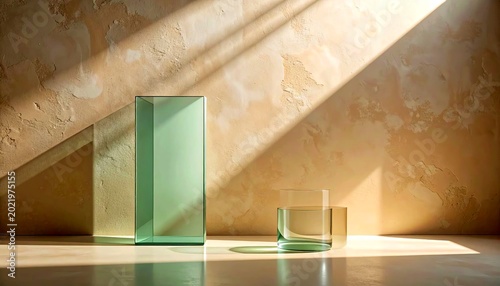 Soft diffused sunlight illuminating translucent sage glass beside pale clay plaster textures