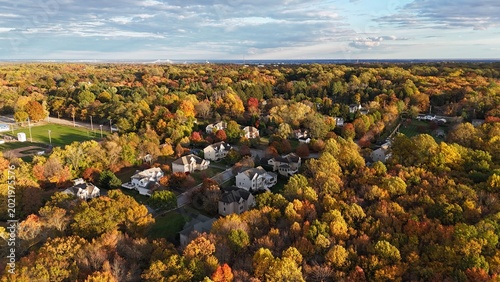 Aerial view of colorful autumn neighborhood in Garnet Valley, Pennsylvania suburb near Philadelphia
