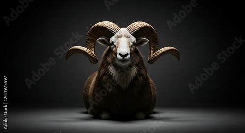 Ram With Large Curved Horns Sits On A Dark Textured Surface With Dramatic Lighting