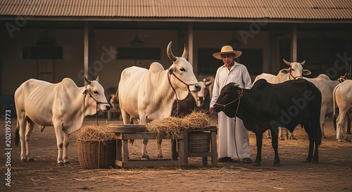 Farmer In Hat And White Clothes Stands With Three Cows One Black Two White In Rural Farmyard