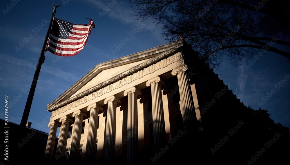 Fototapeta premium Iconic Neoclassical Building with American Flag Flying High in a Dramatic Sky