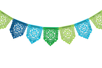 Papel picado banner with colorful cut-out paper flags for mexican fiesta celebrations on a transparent background