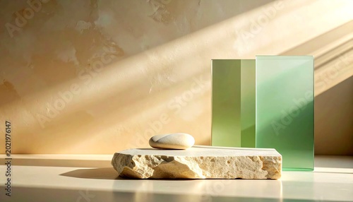 Warm ivory stone and sage green frosted glass layered together under gentle diffused sunlight