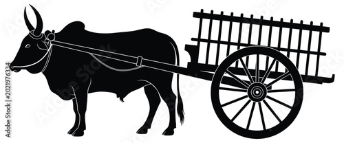Silhouette of a bullock cart with a zebu ox isolated on white background