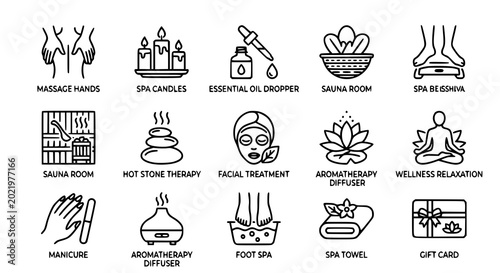 Photography Beauty and spa treatment outline icon pack with massage sauna essential oils and