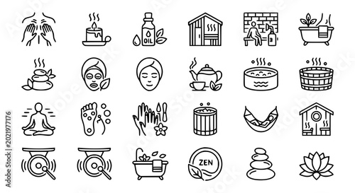 Bild auf Leinwand Spa wellness line icon set featuring massage candle sauna and relaxation therapy