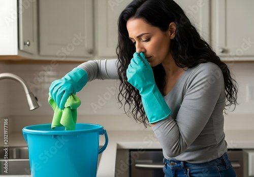 Woman pinching nose holding cloth over bucket green cloth