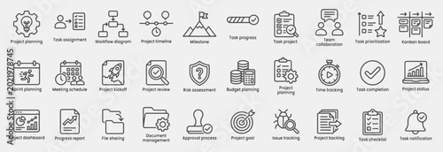 Project Management Workflow Outline Icons Set for Planning, Tasks, and Team Collaboration. Vector Pictograms of Project planning, Task assignment, Workflow diagram, Project timeline, Milestone, etc.