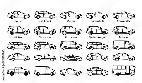 Photos Car body type line icon collection vector illustration isolated on white backgro