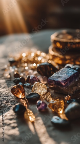 artistic shot of raw gemstones and crystals natural