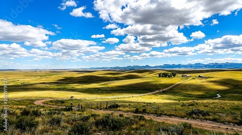 Vast Golden Rolling Hills Landscape Under Blue Sky With Distant Mountains Winding Dirt Road And Horseback Rider