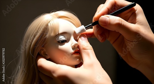 Close Up Of Hands Applying Details To A Realistic Blonde Doll Head