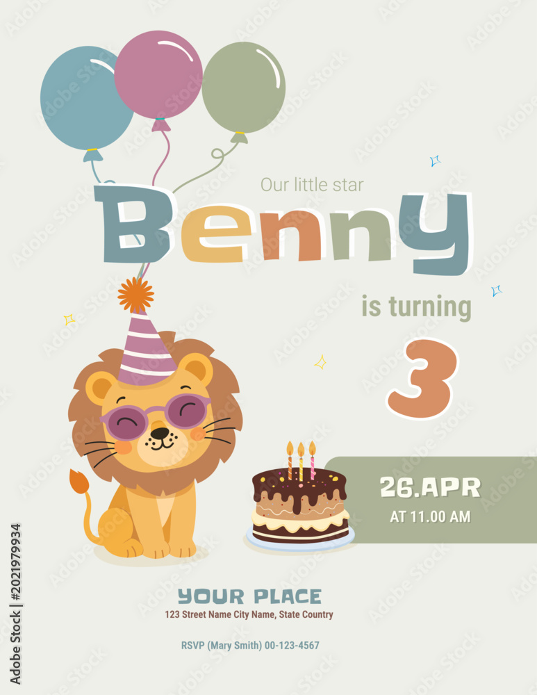 Fototapeta premium Kids birthday invitation vector template with cute cartoon lion, balloons and birthday cake in pastel colors. Flat style design for safari party celebration.