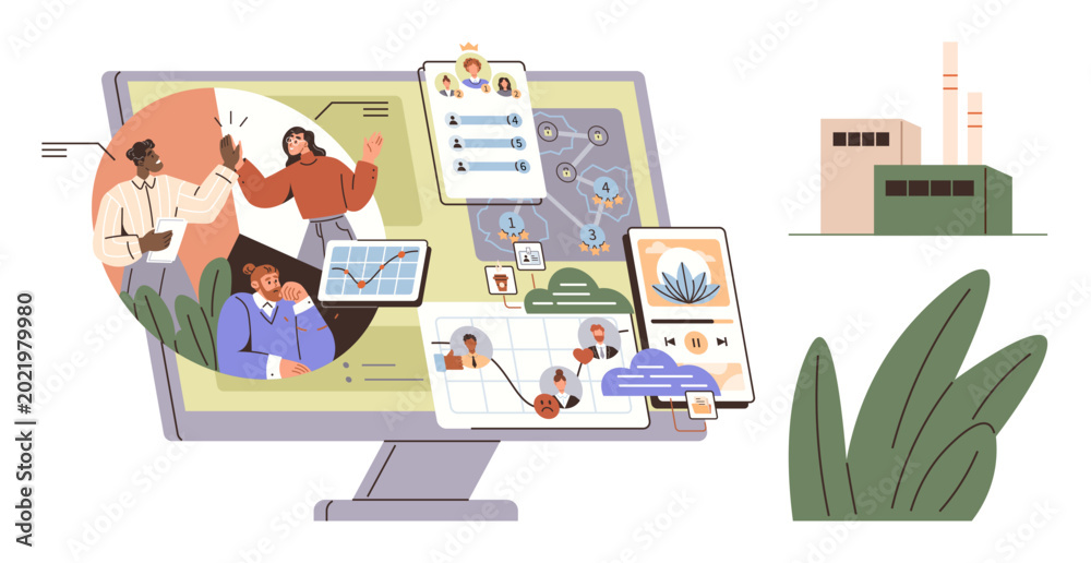 Fototapeta premium Team collaboration, workflow management, project planning, remote communication, digital tools, industry organization. Collaborative dashboard displaying task flow and team discussions. Team