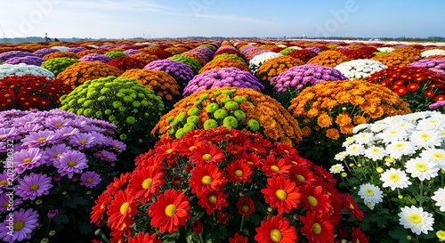 Vibrant Colorful Chrysanthemums Growing In Field Rows Under Clear Blue Sky