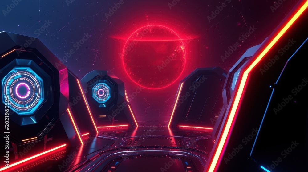 Fototapeta premium Futuristic tunnel glows with vibrant neon lights. Red, blue hues create dramatic perspective, digital aesthetic.