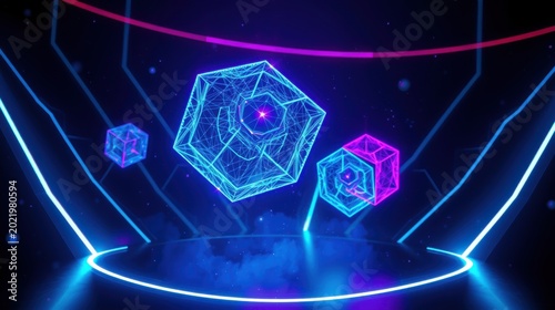 Neon geometric shapes float above circular platform. Futuristic design features vibrant blue, pink lighting, dark background.