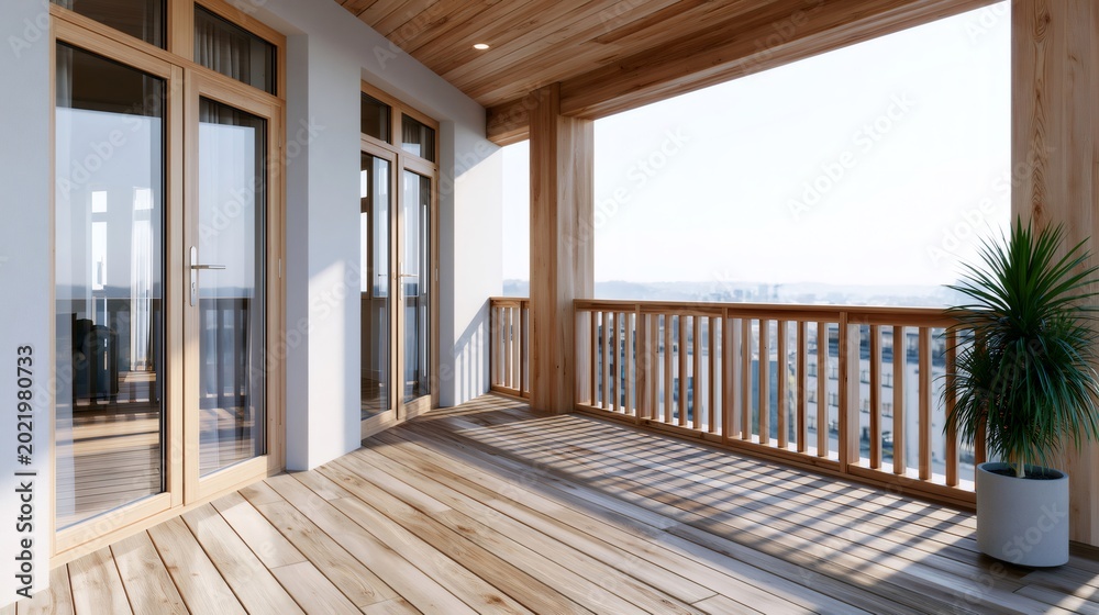 Fototapeta premium Modern wooden balcony with expansive city view
