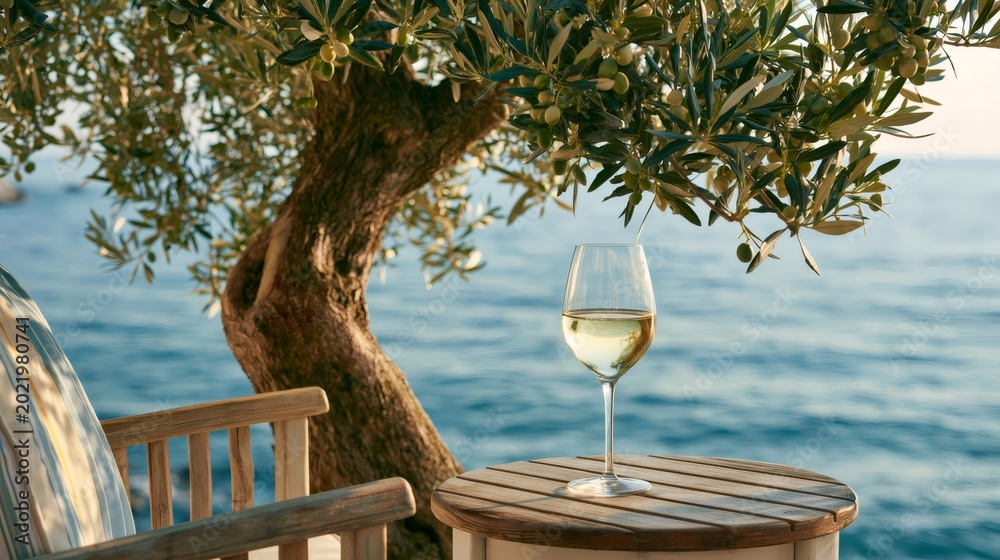 Naklejka premium Relaxing with white wine by the Mediterranean sea