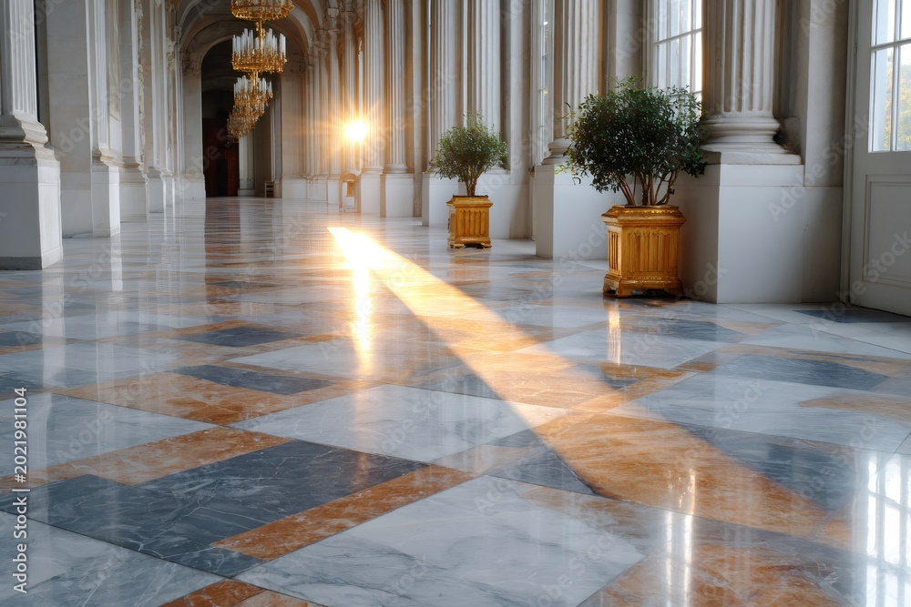 Fototapeta premium Sunlight beam illuminating marble floor in palace interior