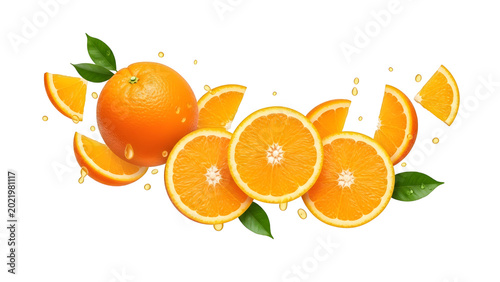 Fresh orange fruit whole and sliced with green leaves on black background