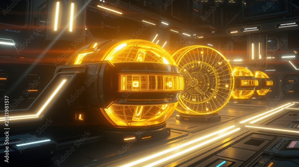 Fototapeta premium Futuristic corridor features glowing spherical devices. Bright orange illumination dominates dark metallic interior. Complex network lines walls.