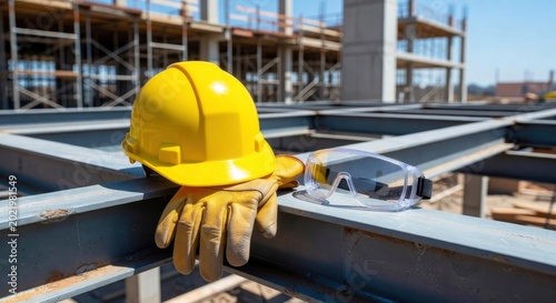 Personal protective equipment (PPE) consisting of a yellow hard hat, work gloves, and safety glasses placed on metal beams at a busy construction site on a bright day.