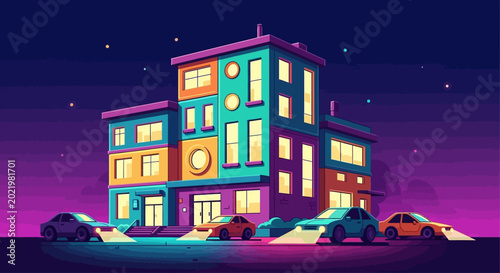Tableau sur toile Modern Apartment Building at Nighttime.
